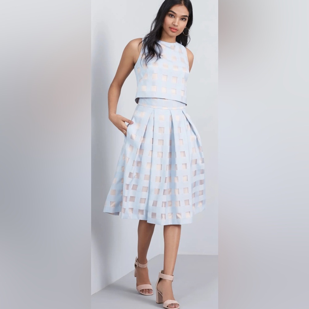 Eliza J Window Pane Check Two-Piece Dress in Blue/Nude Size 14 NWOT
